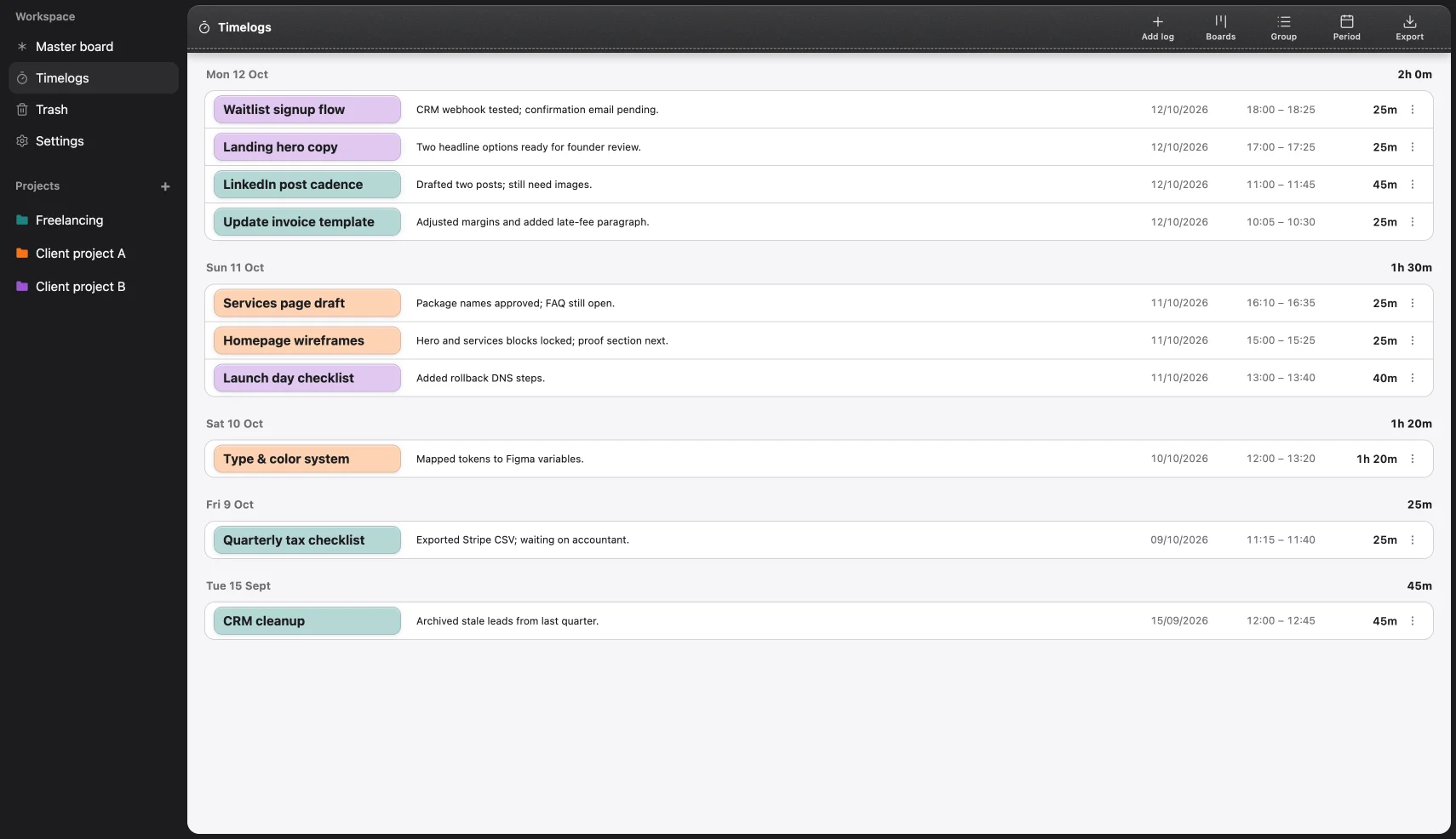 Project Binder — Timelogs